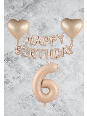 Bal10 Dünyası Kum Beji Kalp Happy Bırthday Rakam Folyo Balon Seti Yaş 6
