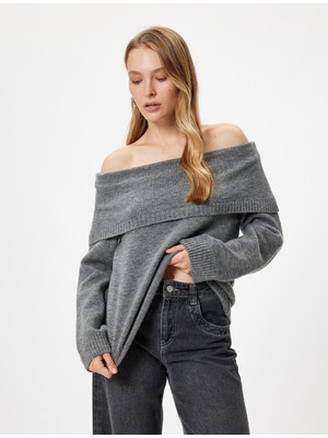 Koton Triko Omzu Açık Kazak Yumuşak Dokulu Uzun Kollu