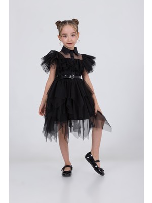 Modonoff Wednesday Kostüm Siyah Renk Elbisesi - Wednesday Siyah Kostum Tüllü Abiye Elbise