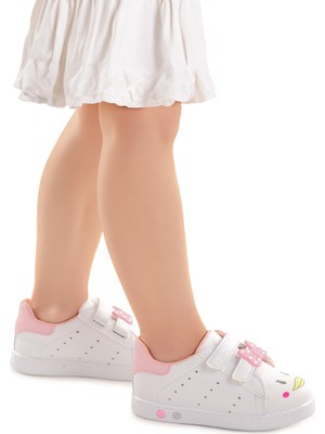 Kiko Kids Kız Bebek Spor Ayakkabı Cırtlı Bağlama Beyaz - Pembe Mikrofiber Tabanlı