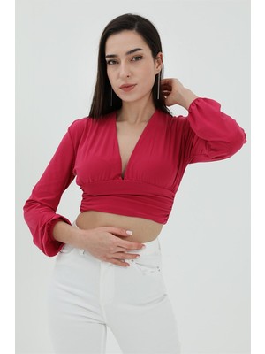 Shemard Derin V Yaka Crop Bluz - Fuşya