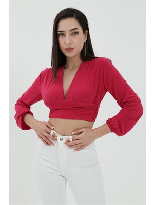 Shemard Derin V Yaka Crop Bluz - Fuşya