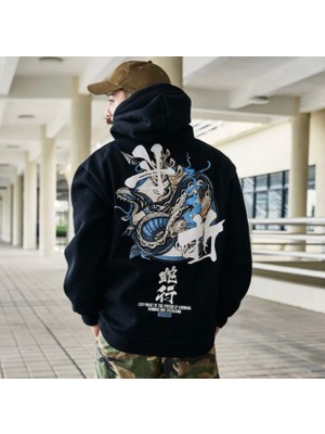 Amor Man Büyük Beden Özel Tasarım Kapüşonlu Japon Sembol Sırt Baskılı Erkek Battal Sweatshırt