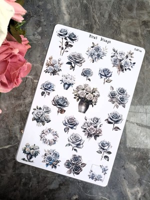 Hiras Dizayn 17 x 25 cm cm Gri Gümüş Güller Çiçekler Sticker Sayfa Elementler Sticker Bullet Journal Scrapbook Ajanda