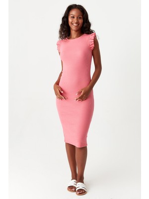 Select Moda Kadın Fırfırlı Fitilli Midi Elbise