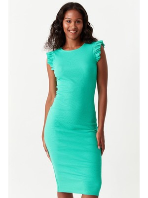 Select Moda Kadın Fırfırlı Fitilli Midi Elbise