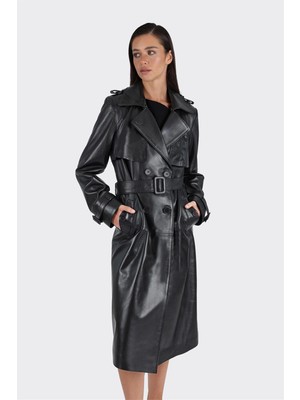 Elle Siyah Kadın Deri Trençkot