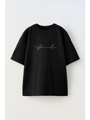 Youwinner Soul Imza Tasarım Baskılı Pamuk Sıyah Oversize T-Shirt