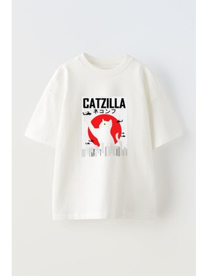Youwinner Catzilla Tasarım Baskılı Pamuk Beyaz Oversize T-Shirt