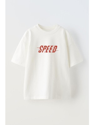 Youwinner Speed Tasarım Baskılı Pamuk Beyaz Oversize T-Shirt