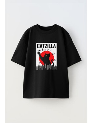 Youwinner Catzilla Tasarım Baskılı Pamuk Sıyah Oversize T-Shirt