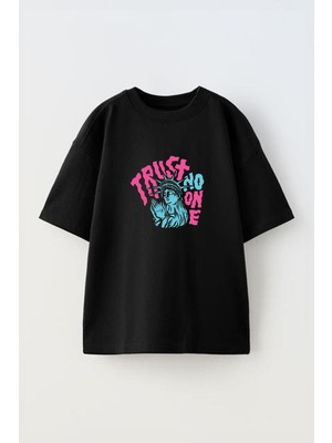 Youwinner Trust No One Tasarım Baskılı Pamuk Sıyah Oversize T-Shirt