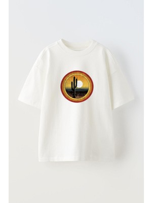 Youwinner Kaktus Gun Batımı Tasarım Baskılı Pamuk Beyaz Oversize T-Shirt