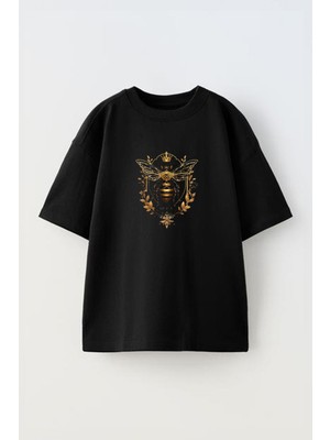Youwinner Quen Bee Tasarım Baskılı Pamuk Sıyah Oversize T-Shirt