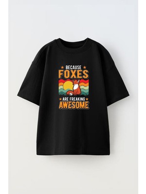 Youwinner Because Foxes Tasarım Baskılı Pamuk Sıyah Oversize T-Shirt