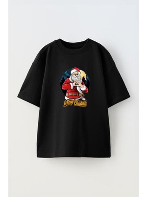 Youwinner Marry Christmas Tasarım Baskılı Pamuk Sıyah Oversize T-Shirt