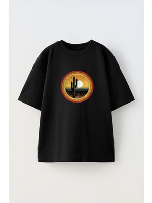 Youwinner Kaktus Gun Batımı Tasarım Baskılı Pamuk Sıyah Oversize T-Shirt