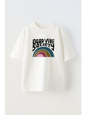 Youwinner Good Vibe Socıety Tasarım Baskılı Pamuk Beyaz Oversize T-Shirt