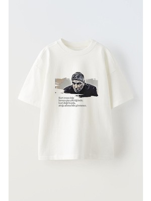 Youwinner Kılıc Replik Tasarım Baskılı Pamuk Beyaz Oversize T-Shirt