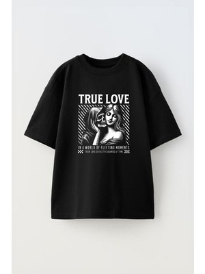 Youwinner True Love Tasarım Baskılı Pamuk Sıyah Oversize T-Shirt