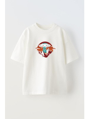 Youwinner Ufo Tasarım Baskılı Pamuk Beyaz Oversize T-Shirt