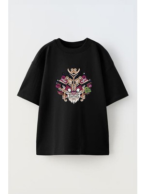 Youwinner Mor Canavar Tasarım Baskılı Pamuk Sıyah Oversize T-Shirt