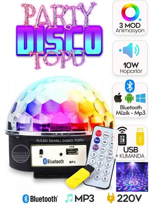 Prepare Parti ve Disko Topu Cristal Sihirli Küre Bluetooth'lu Kumandalı USB Girişli