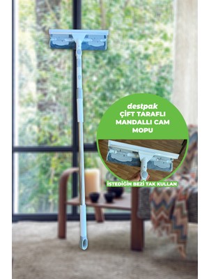 Mandallı Cam Mopu - Teleskopik Sap - Istediğin Bezi Tak Kullan - 1 Adet Yedek Bez Hediyeli