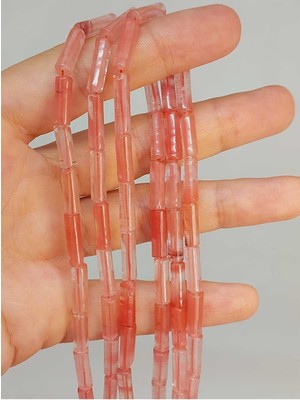 Yaşam Tohumu Bileklik Boy Gül Kuvars Taşı Silindir Kesim 4X12.5MM Yarım Dizi (49386) (18CM Uzunluğundadır)