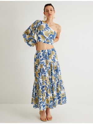 Koton x Melis Ağazat - Çiçekli Tek Omuz Crop Bluz Asimetrik Yaka Uzun Balon Kol Pamuklu