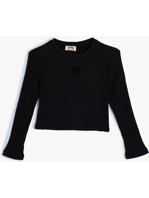 Koton Basic Crop Tişört Kalp Pencere Detaylı Uzun Kollu Bisiklet Yaka