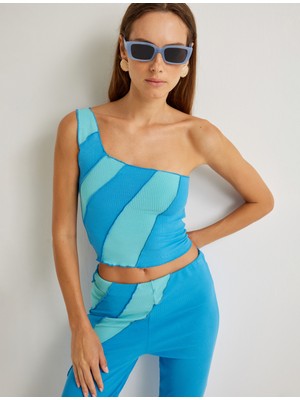 Koton x Şahika Ercümen - Crop Tek Omuz Üst Renk Kontrastlı Fitilli Viskon