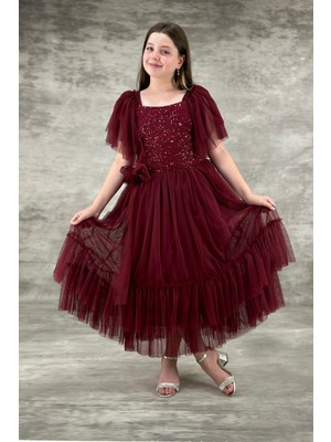 Abiye Kids Bordo Pulpayetli Tüllü Garsonboy Kız Çocuk Abiye 10/14 Yaş Arası ABY154