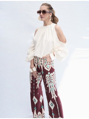 Koton x Melis Ağazat - Etnik Desenli Geniş Paça Pantolon Cepli Viskoz Kumaş