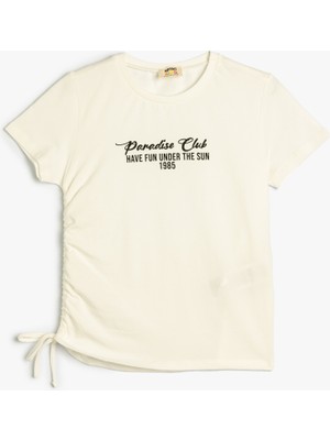 Koton Tişört Slogan Baskılı Kısa Kollu Yuvarlak Yaka Büzgü Detaylı Pamuklu