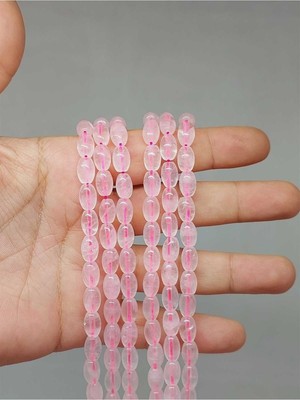 Yaşam Tohumu Bileklik Boy Pembe Kuvars Taşı Arpa Kesim Yarım Dizi 6*8.5mm (51114) (18CM Uzunluğundadır)
