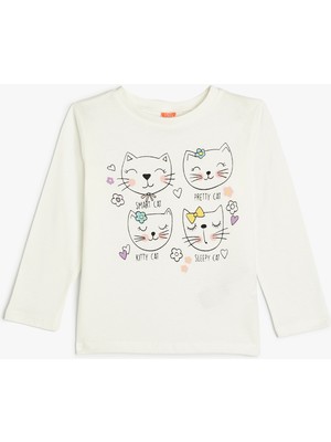 Koton Tişört Uzun Kollu Kedi Baskılı Bisiklet Yaka