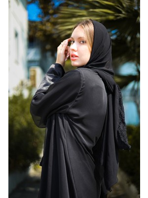 Harika Wear Saten Kollu Siyah Abaya