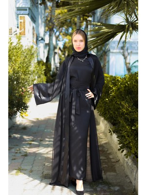 Harika Wear Saten Kollu Siyah Abaya