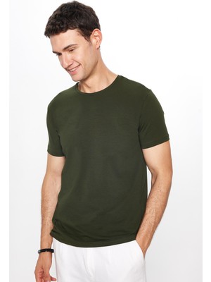 Tudors Erkek Slim Fit Dar Kesim Pamuklu Yumuşak Doku Likralı Esnek Kumaş Basic Haki Bisiklet Yaka Tişört