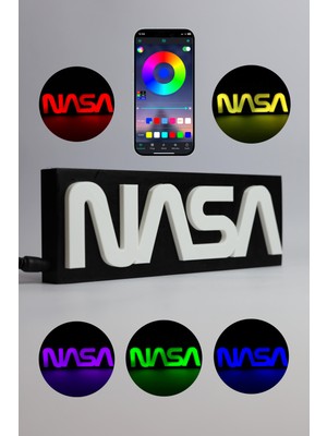 Domini Nasa - Rgb LED Işıklı 3 Boyutlu Tabela - 20CM x 7cm x 2cm (Bluetooth Kontrollü)