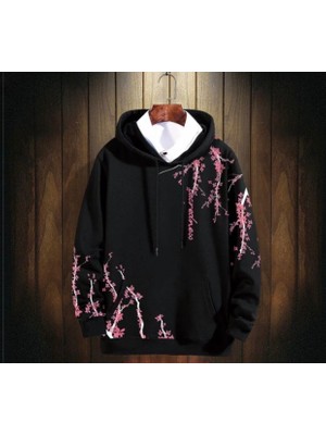 Amor Man Büyük Beden Özel Tasarım Kapüşonlu Pembe Bahar Dalları Baskılı Yeni Trend Erkek Battal Sweatshırt