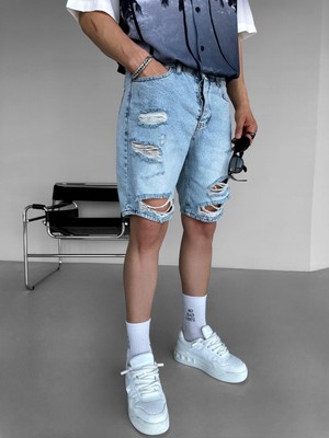 Abluka Online Baggy Distressed Jean Şort Açık Mavi