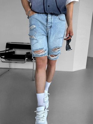 Abluka Online Baggy Distressed Jean Şort Açık Mavi