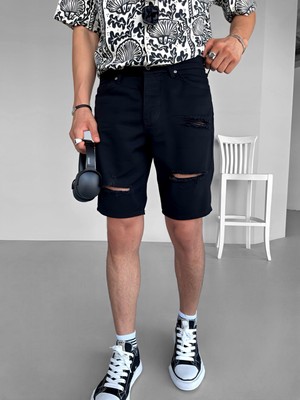 Abluka Online Baggy Distressed Jean Şort Siyah