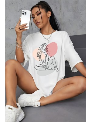 Young Fit Çizgisel Kadın Baskılı Pamuklu Oversize Tişört