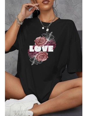 Young Fit Love Baskılı Kadın Oversize Pamuklu Siyah Tişört