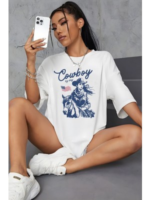 Young Fit Kovboy Girl Baskılı Pamuklu Oversize Tişört