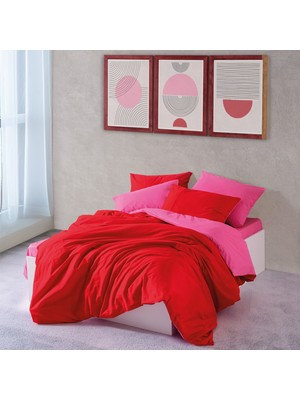 Cozy Home Popping Colors Çift Kişilik Lastikli Çarşaflı Nevresim Takımı Sage Kırmızı-Fuşya