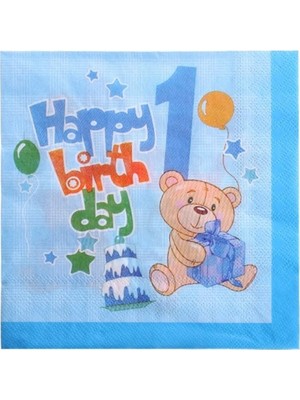 Parti Adresi 1 Yaş Peçete Happy Birthday Yazılı Erkek Çocuk Peçete Mavi